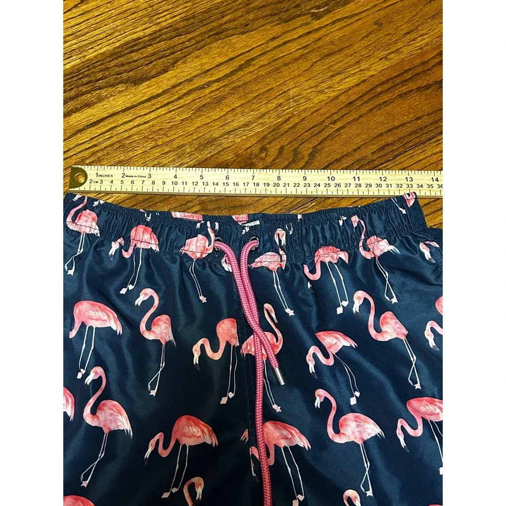 Franks Mens Swim Trunks Navy Blue Pink Flamingo Print Mesh Lined Shorts Size M‎